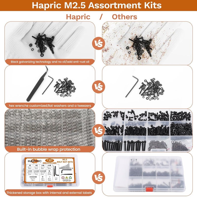 Hapric 740 Pcs M2.5 Screws Kit M2.5 Screw Assortment Nuts and Bolts Assortment Kit Metric Machine Screw Kit, 12.9 Alloy Steel Black Zinc Plated Hex Socket Head Screws Nuts Bolts and Washers Set - Image 5